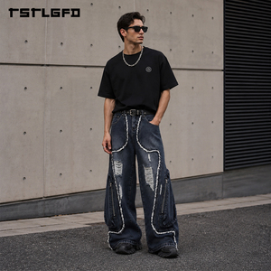 OEM ODM Jeans de mezclilla de pierna ancha con flecos y rotos, de peso pesado, estilo streetwear, con paneles de cremallera, al por mayor - Product Image 2