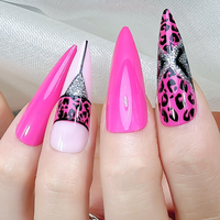 Longs Stilettos Roses Imprimé Léopard Paillettes Argent Noir Triangle Brillant Couleur Unie ABS Ongles Artificiels avec Colle pour Doigts