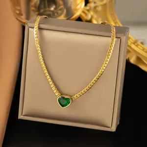 新款18k镀金不锈钢饰品声明项链时尚白绿白心水晶锆石魅力项链