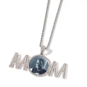 Qiuhan Personalized Copper Zircon Crystal MOM Custom Colorful Photo Pendant Necklace Mother's Day Anniversary Gift