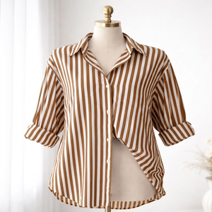 Women's Loose Fit Striped Button Shirt Three Quarter Sleeve V-neck Polyester Rayon Casual Vintage Spring Summer Top - Product Image 2
