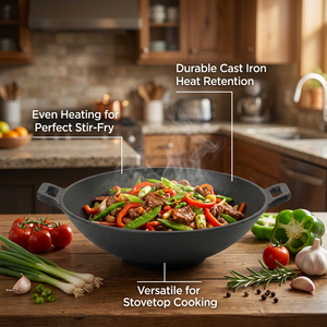 Poêle Wok en Fonte Pré-Culottée Robuste avec Couvercle en Verre, Écologique, Capacité 3,4 L, pour Cuisinières à Gaz et à Induction - Product Image 1