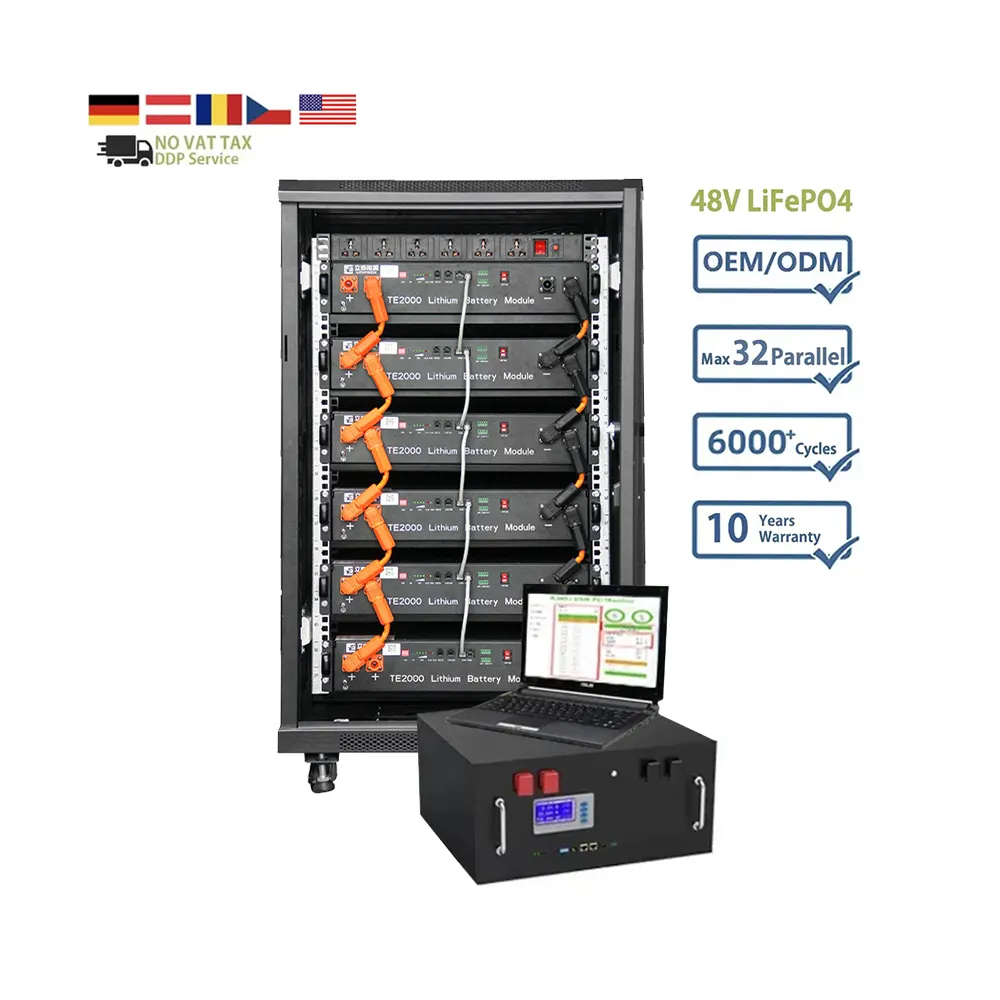 ตู้เก็บ5KWH-160KWH แบบขนาน32ชิ้นรับประกัน10ปี19นิ้ว51.2โวลต์100Ah แบตเตอรี่เก็บพลังงาน LiFePO4พลังงานแสงอาทิตย์48โวลต์