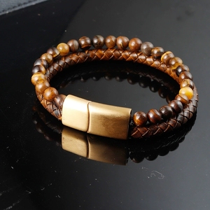 สร้อยข้อมือหินธรรมชาติทำจากหนังสีเหลืองและลูกปัดหินเสือหลายชั้นแบบย้อนยุคแฟชั่น - Product Image 4