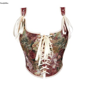 Gilet Renaissance débardeur à lacets gilet désossé Cottagecore Corset Floral brodé <span class=keywords><strong>Bustier</strong></span> <span class=keywords><strong>médiéval</strong></span> - Product Image 3
