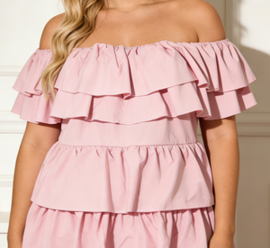 <b>Plus</b> <b>Size</b> <b>Pink</b> Off-the-Shoulder Tiered Ruffle Solid Shirt Women's Casual Summer Shorts Quick Dry Knit Regular Fit - Product Image 1