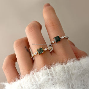 Custom Classic Gemstone <b>Stack</b> <b>Ring</b> 18K Gold Plated Princess Cut Moss Agate <b>Rings</b> for Women - Product Image 4