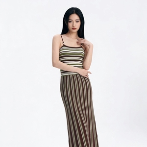Robe d'été décontractée en tricot ajouré personnalisée, ensemble débardeur et jupe longue, palette vert-marron-moutarde pour femme - Product Image 6
