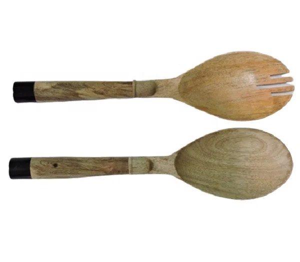 Black Resin Wood Joined Handle Wood Salad Server Spoon