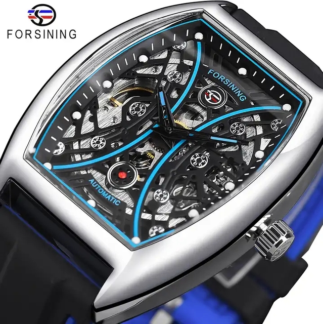Forsining Watch Men's Mechanical Skeleton Self Winding Silver Wristwatch Rectangle Man Automatic Watches Men Clock Relogio Mascu