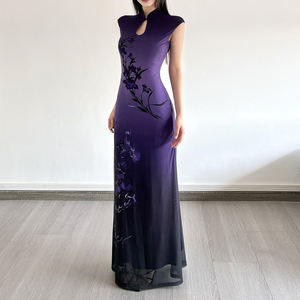 <b>Purple</b> Digital Floral Hollow Stand Collar <b>Maxi</b> Cheongsam Fashion Sexy Elegant Chinese Style High Waist Slim Fit Summer <b>Dress</b> - Product Image 5