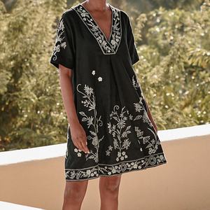 Elegante Vestido de Lino y Algodón con Cuello en V, Casual, Bordado, de Manga Corta, Mini Vestido de Verano para Mujer - Product Image 1