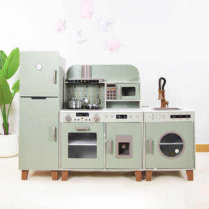 Ensemble de jeu 3-en-1 moderne en bois vert sauge pour enfants : cuisine, réfrigérateur et buanderie avec four, micro-ondes, évier et robinet - Product Image 1