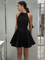 Robe Courte Noire Élégante en Satin Vintage en Polyester pour Femme, Modèle Épaules Dénudées, Ceinturée, Taille Haute, Idéale pour Soirées et Jours.