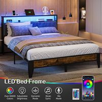 Cadre de lit Queen en métal avec plateforme, rangement à 2 niveaux, tête de lit lumineuse LED, station de charge Type C, sans sommier, pour salon et hôtel