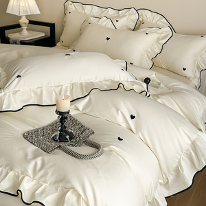 French Princess Style Cotton <b>Bedding</b> <b>Set</b> 4 Piece White Heart Embroidered Duvet Cover <b>Set</b> Breathable Home Use - Product Image 2