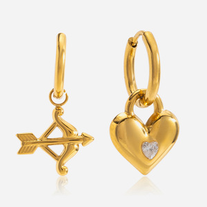 Boucles d'oreilles en forme de cœur avec flèche de Cupidon, en acier inoxydable, serties de diamants, bijoux pour femmes à porter tous les jours - Product Image 1