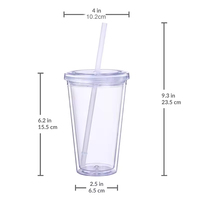 Gobelet isotherme transparent réutilisable en acrylique à double paroi de 16 oz pour café et eau, avec paille et couvercle, en gros