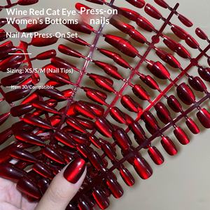 30 шт. однотонных накладных ногтей цвета винного красного кошачьего глаза для сексуального маникюра, оптом, размеры XS/S/<span class=keywords><strong>M</strong></span>, искусственные ногти-накладки - Product Image 1