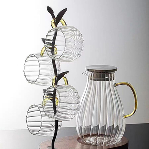 Ensemble de carafes en verre ambré avec couvercle doré, <span class=keywords><strong>carafe</strong></span> à eau côtelée en borosilicate, unité d'organisation de cuisine - Product Image 6