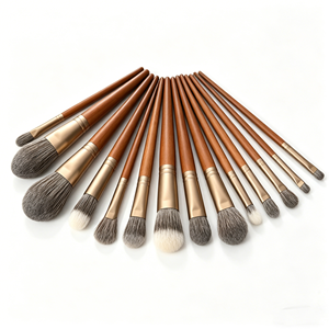 Ensemble de pinceaux de maquillage en bois massif avec finition laquée, 14 pièces, design couleur noyer, pour le maquillage correcteur, le blush et la poudre fixante - Product Image 3