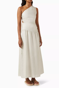 Abito lungo monospalla personalizzato da donna, elegante, <span class=keywords><strong>in</strong></span> 100% <span class=keywords><strong>lino</strong></span>, abbigliamento estivo di alta gamma, abito elegante da donna a tinta unita con dettagli traforati - Product Image 2