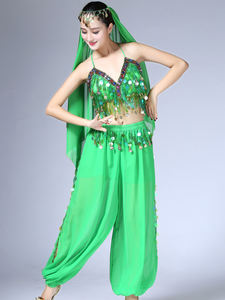 Ensemble de danse <span class=keywords><strong>orientale</strong></span> indienne 3 pièces pour <span class=keywords><strong>femme</strong></span> : Crop top en mousseline à col en V et à sequins, <span class=keywords><strong>pantalon</strong></span> à motifs de pièces de monnaie et voile - Product Image 5