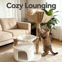 Meuble pour chat naturel : Panier suspendu tressé, Maisonnette pour chat en peluche blanche, Arbre à chat avec poteaux à gratter en sisal et jouet suspendu, Structure en bois
