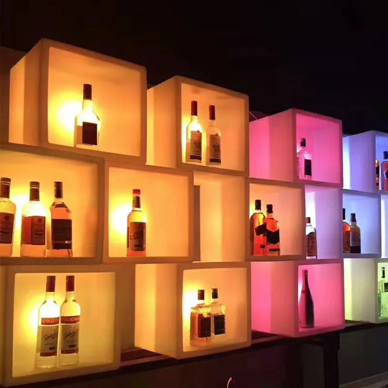 Exhibición de vitrina de vino, cubos de luz cuadrados personalizados, cubo de hielo para cerveza, champán, plástico, led, cubo de hielo