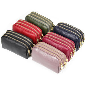 Bolso de mano pequeño de piel de vaca para mujer, monedero sencillo y moderno con tres cremalleras, tarjetero, cartera corta de cuero genuino de vaca - Product Image 1