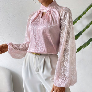 Thời trang thanh lịch dài tay áo Áo sơ mi áo sơ mi áo y blusas Para mujer satin Jacquard lãng mạn ren cổ áo phụ nữ áo thun Tops - Product Image 5