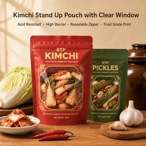 Groothandel staande pouch met transparant venster, ritssluiting, herbruikbaar, vochtbestendig, voedselverpakkingszak voor kimchi, snacks & noten - Product Image 1