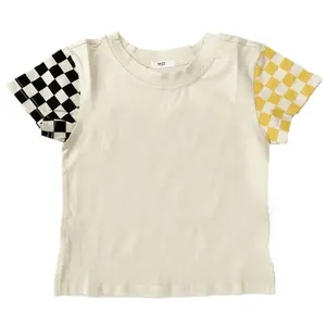 Custom baby toddler t-shirts summer knitted cotton short sleeve with checkered color boys T-shirt