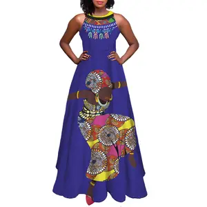 Elegant Womens Round Neck African Print Dresses African Kitenge Dress Designs Kente Style Sleeveless Long Maxi Bodycon Dresses