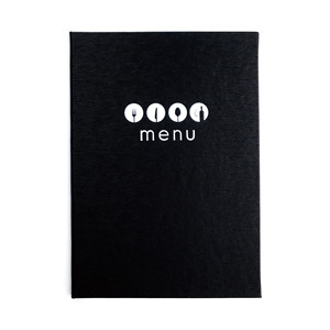 Porta Menús con Aspecto de Cuero Negro con Iconos de Cubiertos para Uso en Restaurantes - Product Image 1