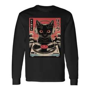 Camiseta de manga larga con diseño de gato japonés vintage con auriculares y vinilo giratorio - Product Image 1