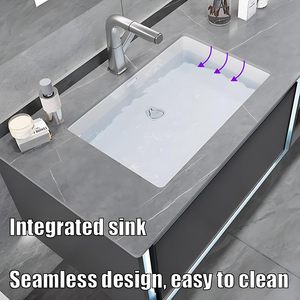 Meuble-lavabo mural gris moderne avec double vasque intégrée sans joint et armoire miroir LED intelligente anti-buée - Product Image 5