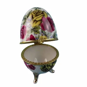 Popular Customized Decal Ceramics Jewelry Boxes Egg Shaped Porcelain Jewelry Trinket Box With Gold Metal Frame