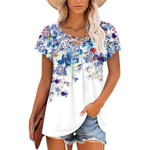 2025 femmes fleuri brodé col en v été tunique haut violet fluide habillé XXL Blouse à manches courtes hauts XL taille disponible - Product Image 1