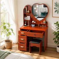 Bureau de toilette compact et moderne en bois éclairé avec miroir en forme de cœur, bureau d'écriture 2-en-1 pour petite chambre à coucher et maquillage