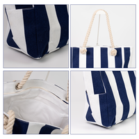 Sac de shopping en toile rayée de style nautique avec poignées en corde de coton tressée, couleurs personnalisées, grande capacité pour les journées à la piscine et à la plage