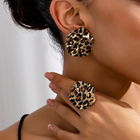Ensemble de boucles d'oreilles et de bagues tendance pour femmes, style rétro géométrique, imprimé léopard, cercle et disque, design tendance