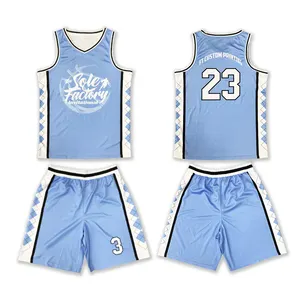 定制蓝色篮球运动衫套装设计印花升华标志网眼篮球制服