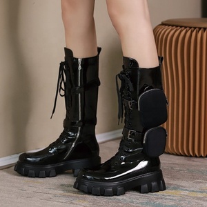 Bottes hautes pour femmes en cuir verni effet miroir, bout rond, plateforme, fermeture éclair latérale, talon épais, bottes longues pour femmes - Product Image 3