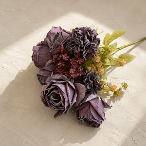 Ramo de Rosas Artificiales Vintage de 9 Cabezas <span class=keywords><strong>con</strong></span> Bordes Quemados, Ramo de Rosas Falsas Retro para Decoración de Mesa de Boda o Hogar - Product Image 1