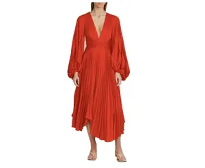 Wholesale Custom Pretty Women Design Fashional Plus Size V-neck Red Polyester Satin Ladies Maxi Elegant Modest Pleated Dress