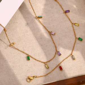 Haimi <strong>Boho</strong> Style 18K Gold Plated Stainless Steel <strong>Necklace</strong> for Women Rectangle Geometric Pattern Colorful Zircon Charm Link Chain - Product Image 3