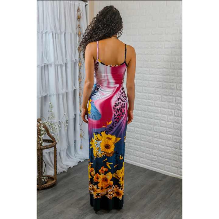 TD Elegent Woman's Flowing Sunflowers Bodycon Maxi Dress Peter Pan Collar Short Knee-Length XS Size for Day or Club