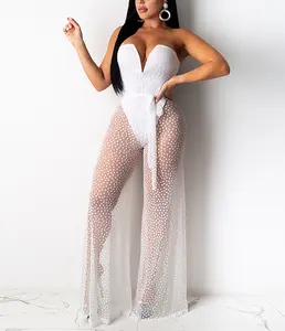 2021 Boutique Clothing Vendor Women Body Suit Top Sleeveless with Transparent Wide Leg Pants in White And Black