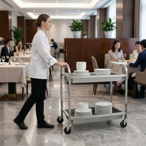 Chariot de collecte de vaisselle à 2 niveaux en acier inoxydable robuste pour restaurant, hôtel, cantine, chariot de service roulant avec roues - Product Image 1